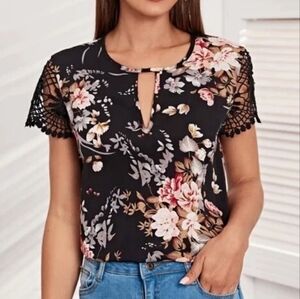 Black Floral Keyhole Neck Top with Crochet Lace Cap Sleeves